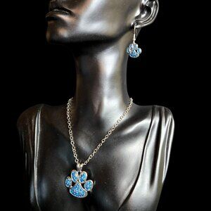 Blue Rhinestone Paw Pendant Necklace & Earrings Set Silver Tone Fashion Jewelry